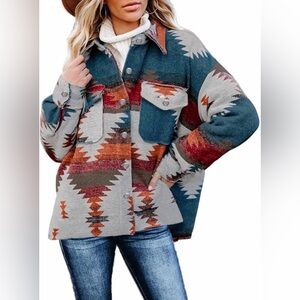 Southwestern Aztec Print Button- Up Shacket |Multicolor Patterned Jacket